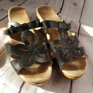 Sanita Black Leather Wood Heel Sandals Slip On Floral Danish Design Size 10.5-11